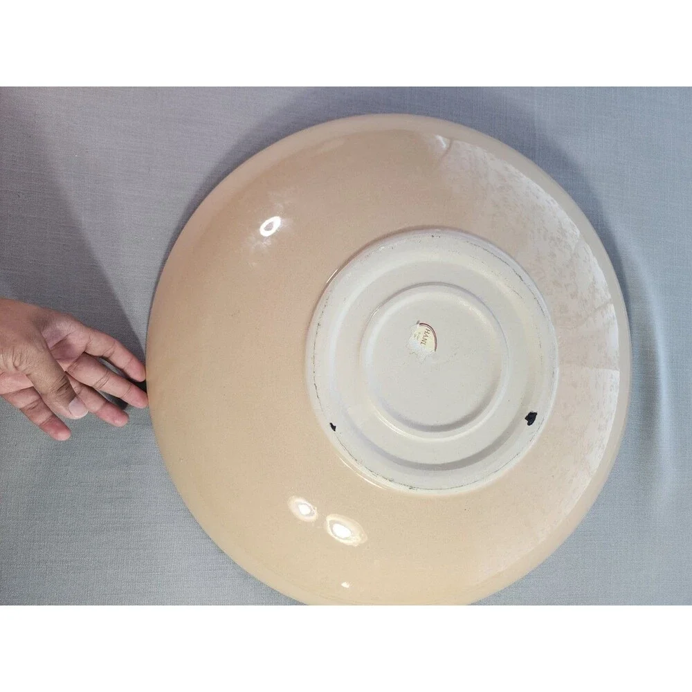 Round Ceramic Decorative Serving Bowl Beige Brown Floral Scroll Pattern...